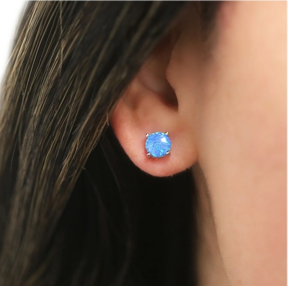 925 Sterling Silver 6mm Round Blue Fire Opal Stud Earrings For Women - Picture 3 of 4